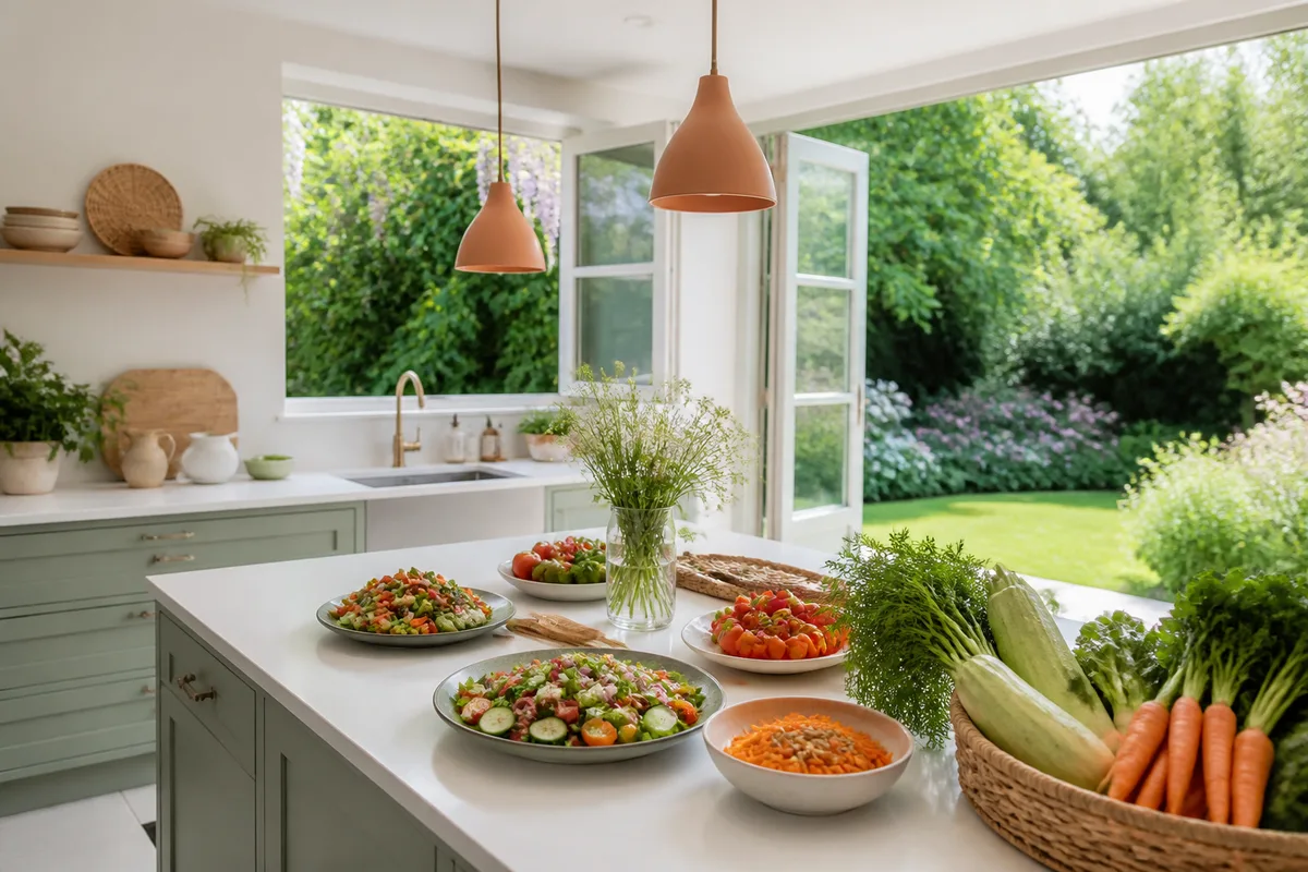 Assiette composée de légumes, de céréales complètes et d'une source de protéines, vue de dessus